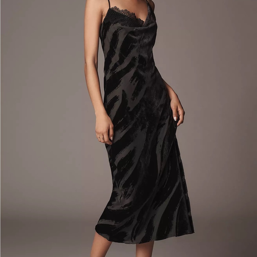 Anthropologie Cowl-Neck Slip Dress Viscose Velvet Burnout look Lace Doily Detail